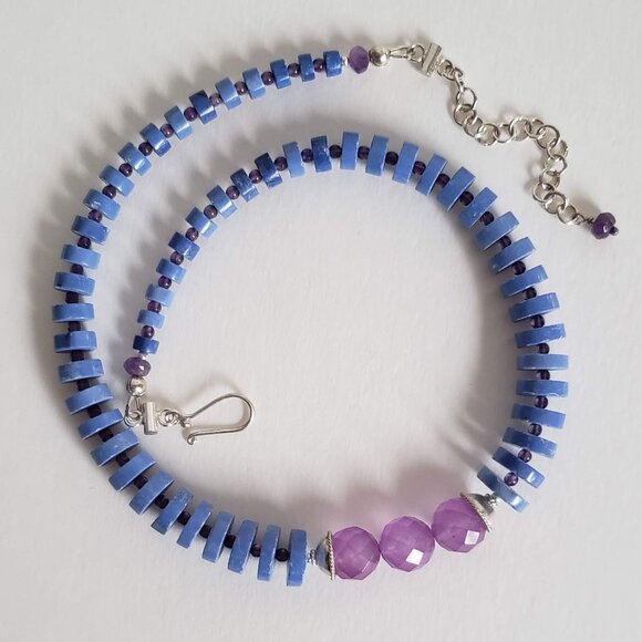 Sterling Silver MAGNESITE AMETHYST CHALCEDONY Necklace Heishi Choker Adjustable - Picture 10 of 16